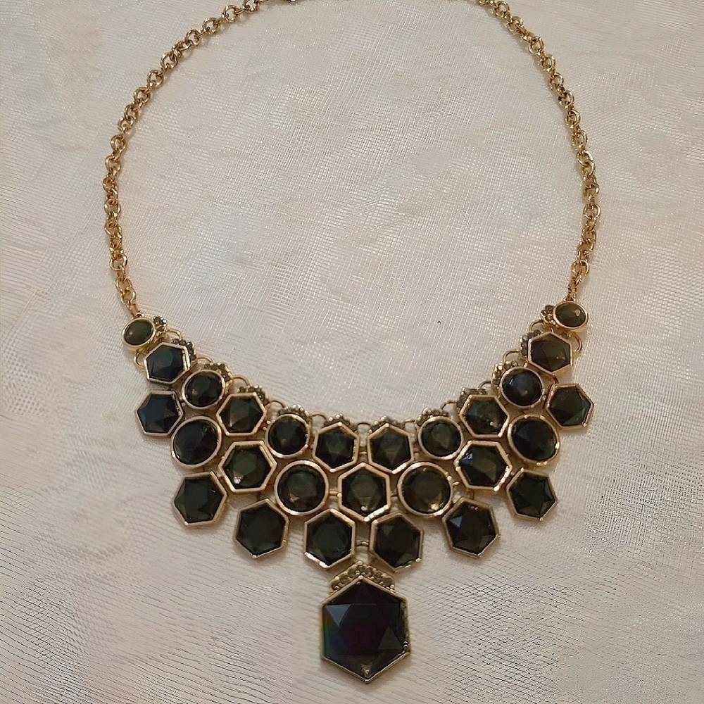 Vintage Black Hexagon Statement Necklace Gold Tone Bib